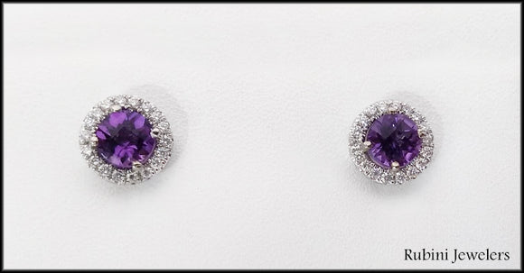 White Gold Round Checkerboard Amethyst & Diamond Halo Earrings, by Rubini Jewelers
