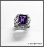 Silver Emerald Cut Lab Grown Amethyst Ring.