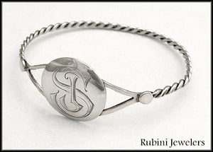 Twist Wire Bangle with Engraved Disc at Rubini Jewelers