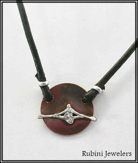 Silver Sculler on Copper Disc with Leather Rowing Necklace by Rubini Jewelers