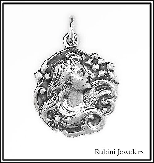 Art Nouveau Woman Silver Pendant by Rubini Jewelers